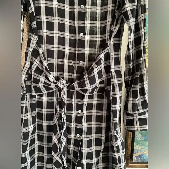 Rag & Bone Plaid Tie Front Button Down Shirt Dress Sz M Black White Long Sleeve - Picture 3 of 11